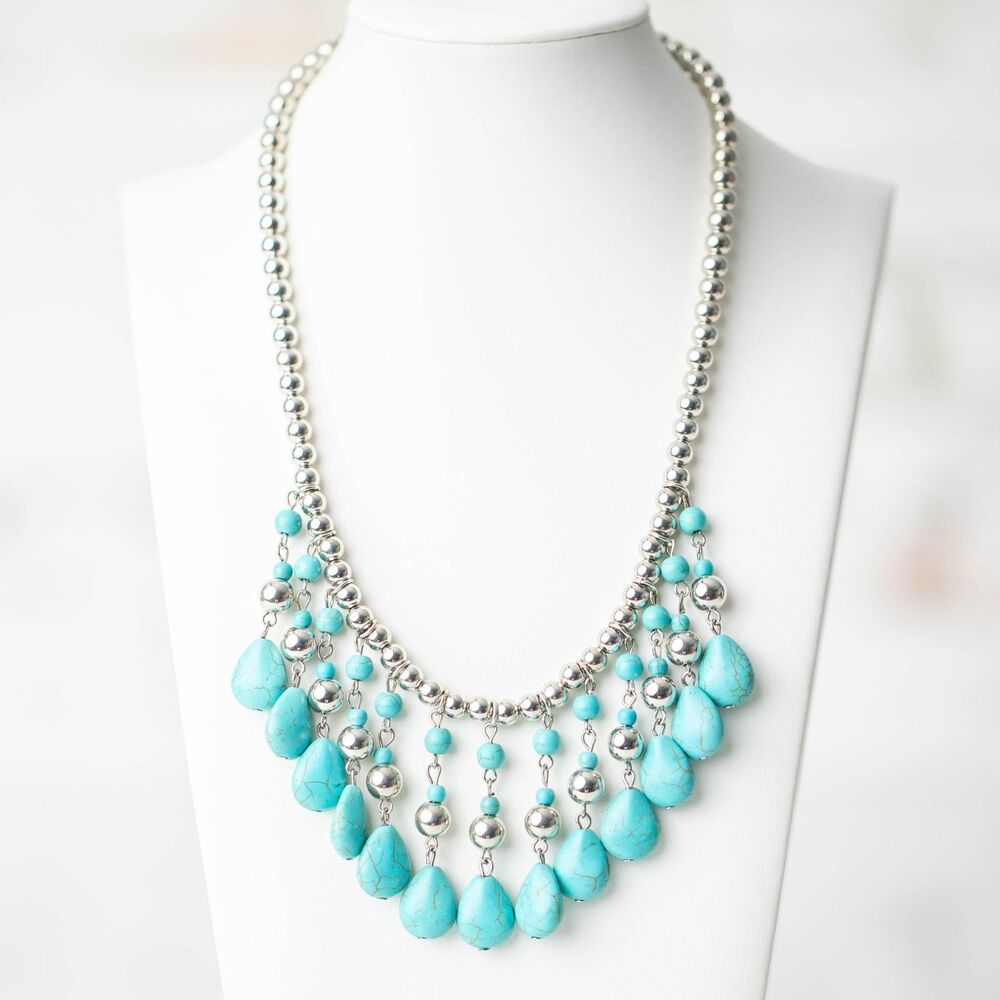 Paparazzi Turquoise Look Teardrop Statement Necklace Silver Tone Southwesten